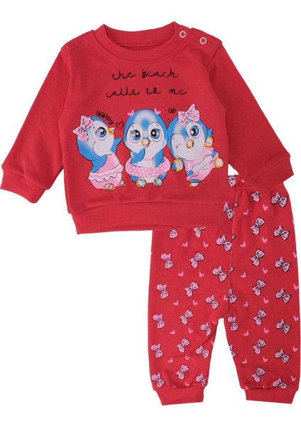 Kız Bebek Penguen Baskılı Yazılı Interlok 2'li Alt Üst Takım