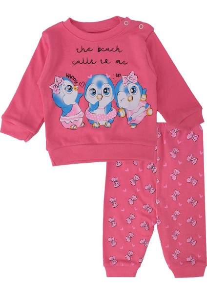 Kız Bebek Penguen Baskılı Yazılı Interlok 2'li Alt Üst Takım
