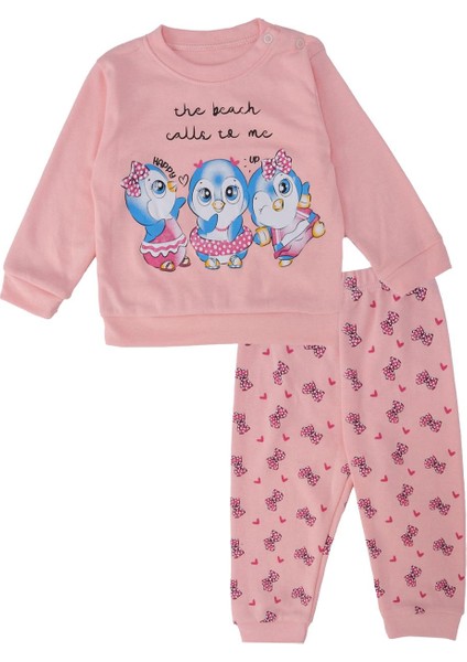 Kız Bebek Penguen Baskılı Yazılı Interlok 2'li Alt Üst Takım