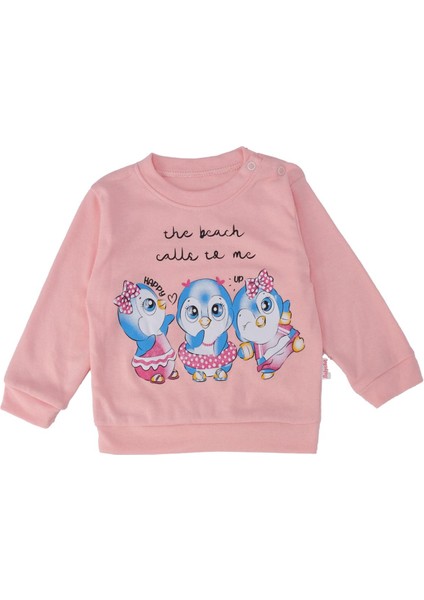 Kız Bebek Penguen Baskılı Yazılı Interlok 2'li Alt Üst Takım modelleri