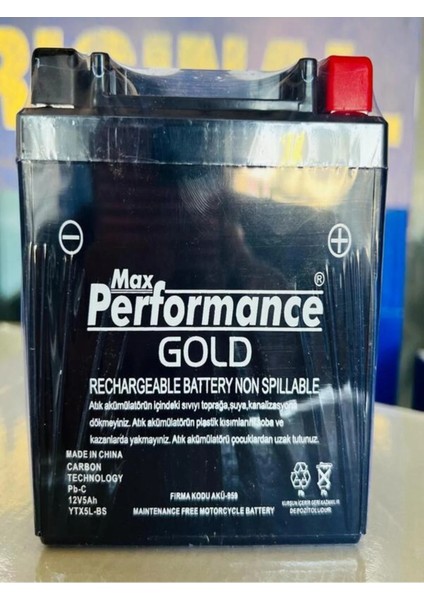 12V 5 Amper Dik (YTX5L - Bs ) Max Performance Gold Motorsiklet Aküsü. Yeni Üretim.!!