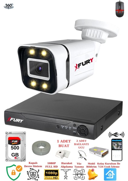 1 Kameralı Full Hd Gece Renkli - Su Geçirmez Ultra LED Güvenlik Kamerası Seti 500 GB