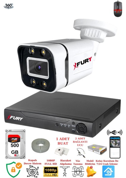 1 Kameralı Full Hd Gece Renkli - Su Geçirmez Ultra LED Güvenlik Kamerası Seti 500 GB