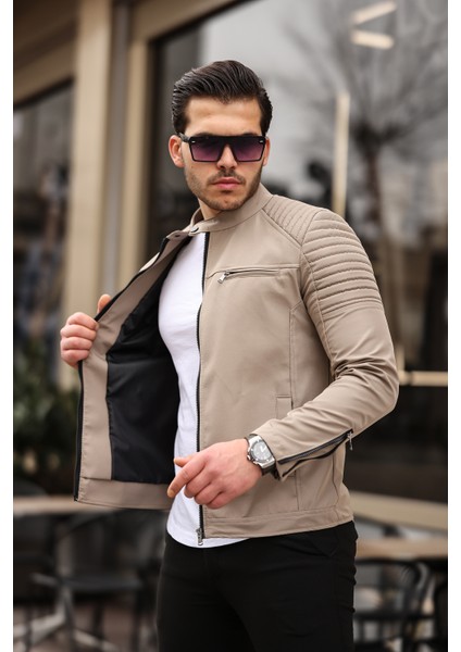 Erkek Krem Su ve Rüzgar Geçirmez Slim Fit Astarlı Mevsimlik Mont