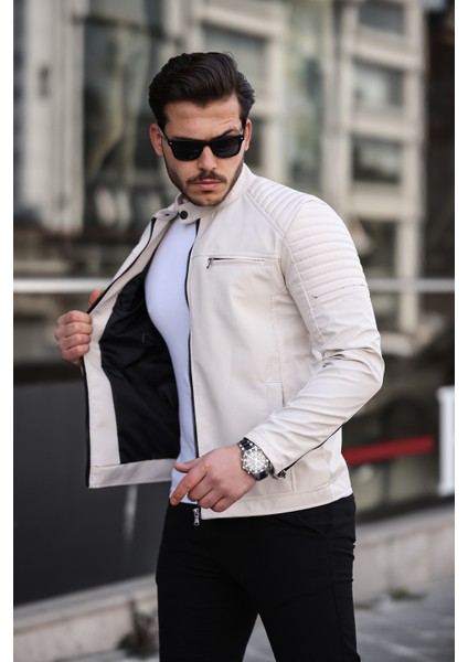 Erkek Taş Rengi Su ve Rüzgar Geçirmez Slim Fit Astarlı Mevsimlik Mont