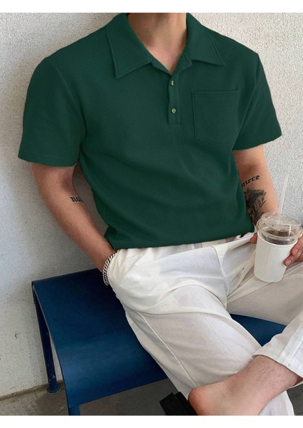 Erkek Oversize Polo Yaka Waffle T-Shirt Poloyaka-Düğmeli