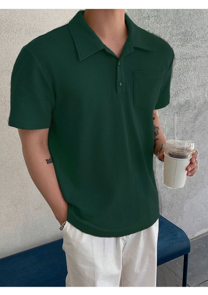 Erkek Oversize Polo Yaka Waffle T-Shirt Poloyaka-Düğmeli fiyatları