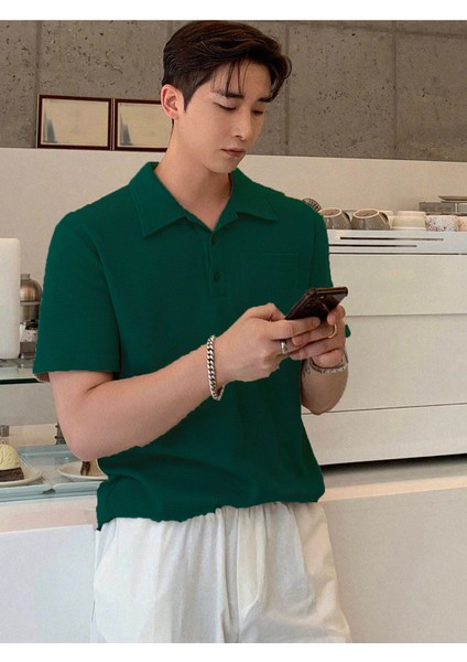 Erkek Oversize Polo Yaka Waffle T-Shirt Poloyaka-Düğmeli modelleri