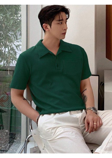 Erkek Oversize Polo Yaka Waffle T-Shirt Poloyaka-Düğmeli fırsatları