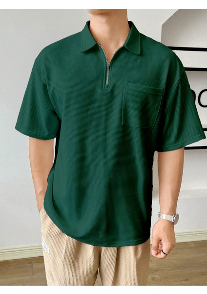 Erkek Oversize Polo Yaka Waffle T-Shirt Poloyaka-Fermuarlı