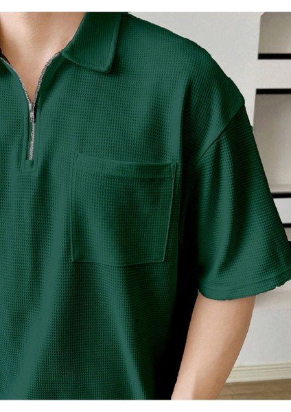 Erkek Oversize Polo Yaka Waffle T-Shirt Poloyaka-Fermuarlı fiyatları