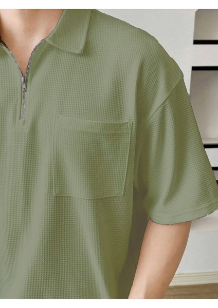 Erkek Oversize Polo Yaka Waffle T-Shirt Poloyaka-Fermuarlı fiyatları