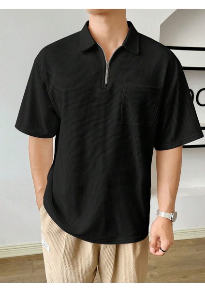 Erkek Oversize Polo Yaka Waffle T-Shirt Poloyaka-Fermuarlı