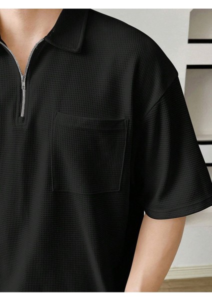 Erkek Oversize Polo Yaka Waffle T-Shirt Poloyaka-Fermuarlı fiyatları