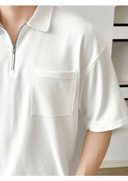 Erkek Oversize Polo Yaka Waffle T-Shirt Poloyaka-Fermuarlı fiyatları
