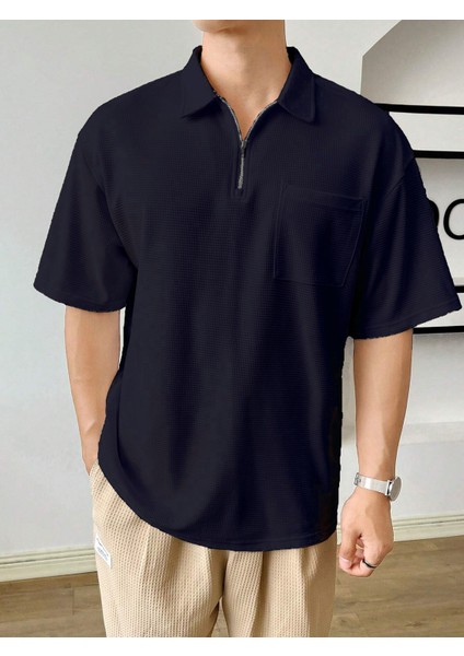 Erkek Oversize Polo Yaka Waffle T-Shirt Poloyaka-Fermuarlı