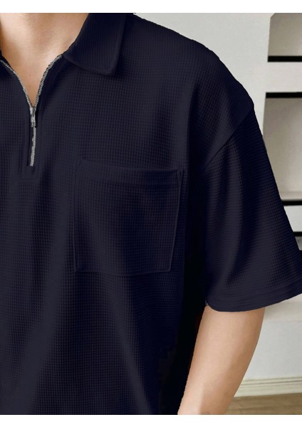 Erkek Oversize Polo Yaka Waffle T-Shirt Poloyaka-Fermuarlı fiyatları