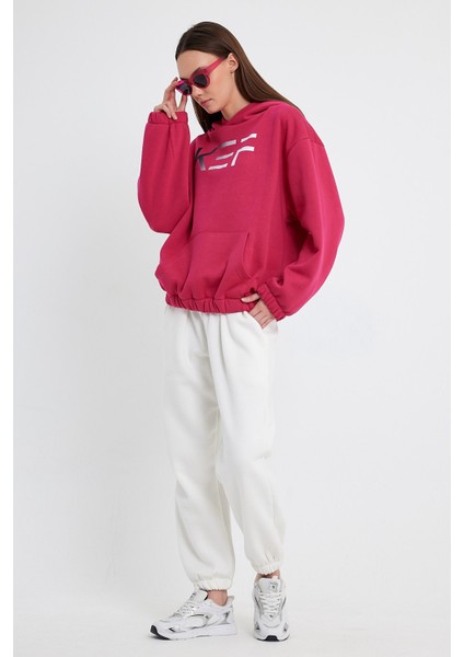 Fuşya Hoodie, Oversize Hoodie, Kadın Hoodie, Kanguru Cepli Hoodie, Lastikli Hoodie