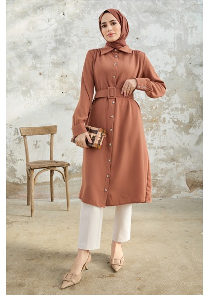 Kemerli Omuzu Taşlı Tunik - Camel