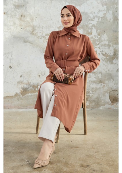 Kemerli Omuzu Taşlı Tunik - Camel modelleri