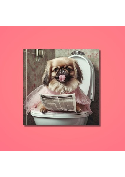 Tekli Kare Kanvas Banyo Tablosu Gazete Okuyan Sevimli Pekinez modelleri