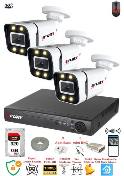 3 Kameralı Full Hd Gece Renkli - Su Geçirmez Ultra LED Güvenlik Kamerası Seti 320 GB