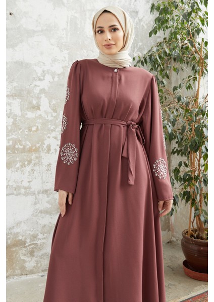 Liva Kolları Taşlı Abaya - Gül Kurusu