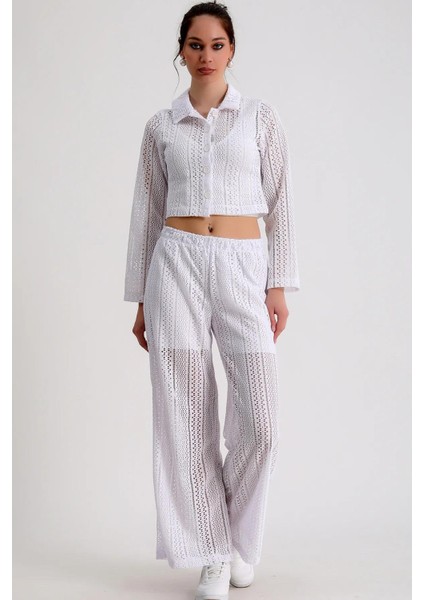 Dantelli Yaka Uzun Kol Crop Gömlek Beli Lastikli Içi Astar Şortlu Bol Paça Pantolon Takım modelleri