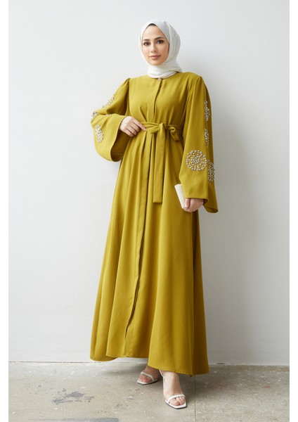 Liva Kolları Taşlı Abaya - Yağ Yeşili