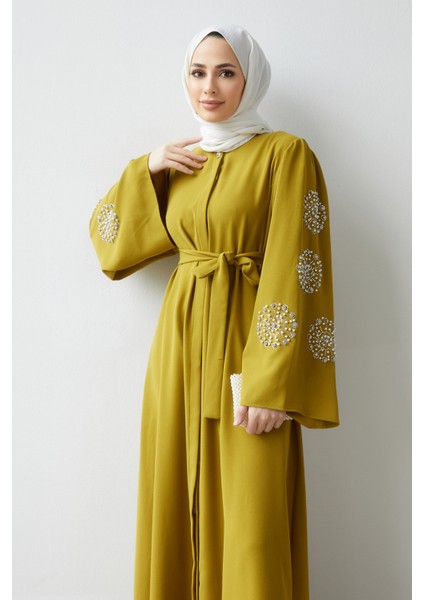 Liva Kolları Taşlı Abaya - Yağ Yeşili