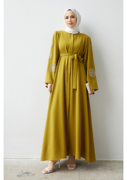 Liva Kolları Taşlı Abaya - Yağ Yeşili