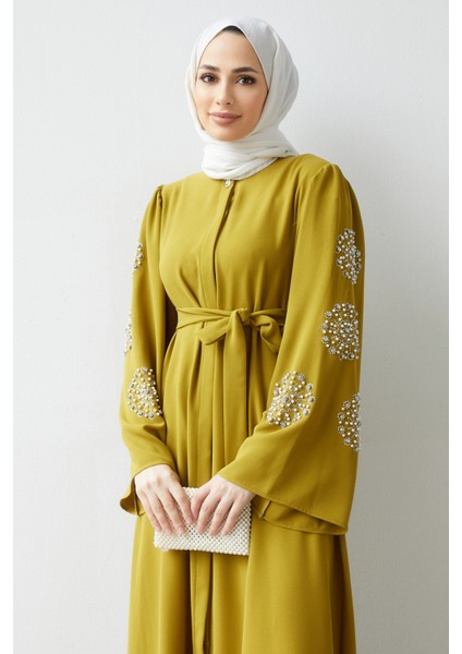 Liva Kolları Taşlı Abaya - Yağ Yeşili