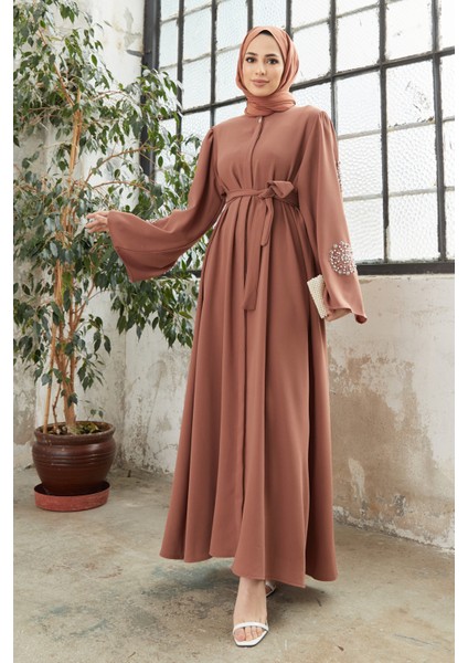 Liva Kolları Taşlı Abaya - Camel
