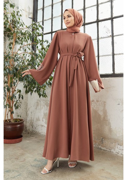 Liva Kolları Taşlı Abaya - Camel modelleri