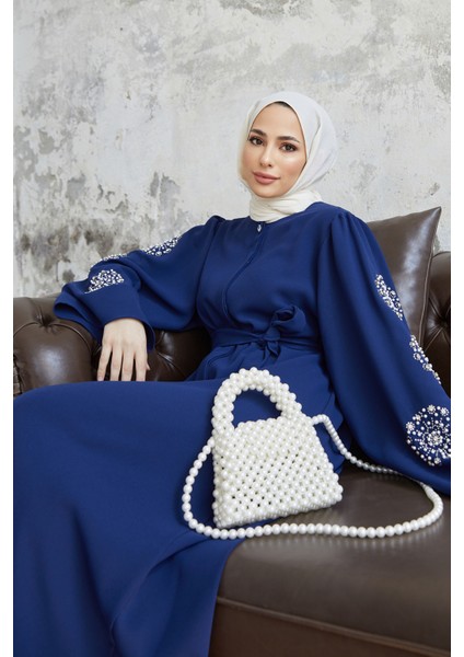 Liva Kolları Taşlı Abaya - Indigo