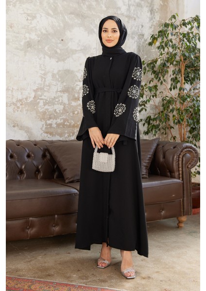 Liva Kolları Taşlı Abaya - Siyah