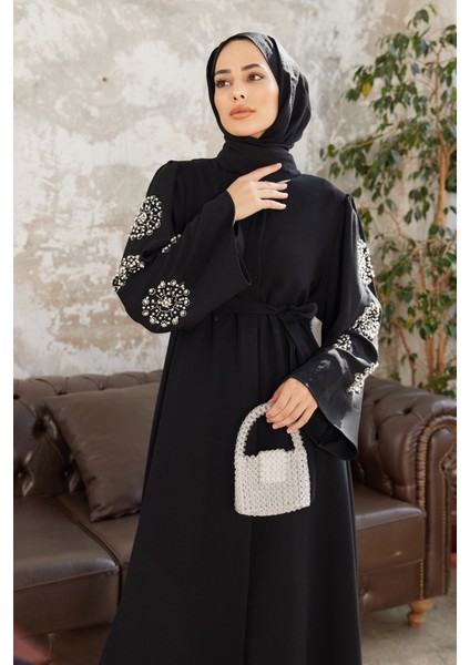 Liva Kolları Taşlı Abaya - Siyah