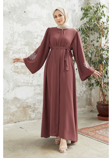 Liva Kolları Taşlı Abaya - Gül Kurusu