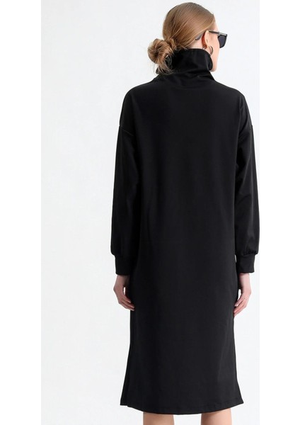 Fermuarlı Dik Yaka Yanları Yırtmaçlı Uzun Kol Rahat Kalıp Diz Altı Midi Boy Elbise fiyatları