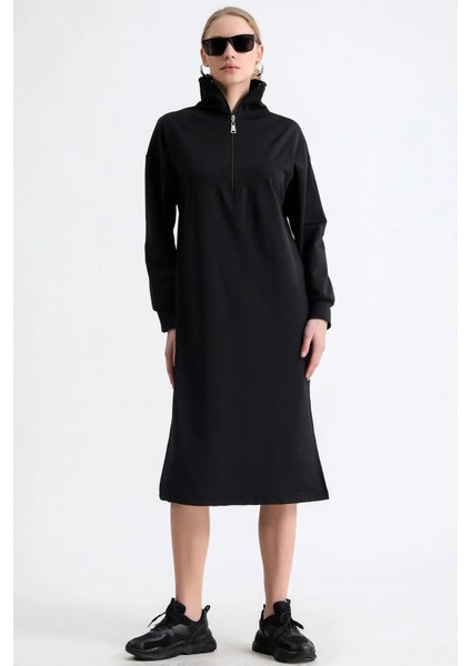 Fermuarlı Dik Yaka Yanları Yırtmaçlı Uzun Kol Rahat Kalıp Diz Altı Midi Boy Elbise modelleri