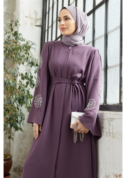 Liva Kolları Taşlı Abaya - Leylak