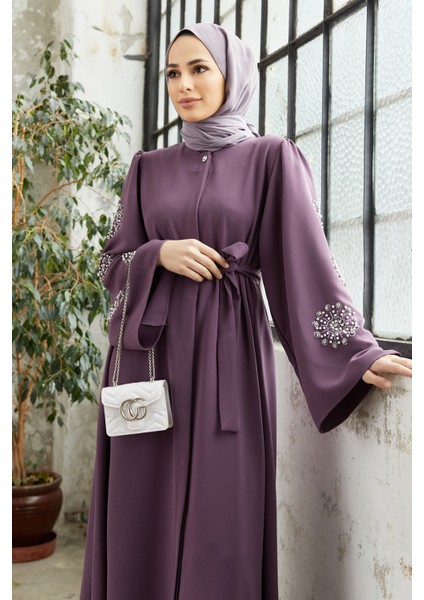 Liva Kolları Taşlı Abaya - Leylak