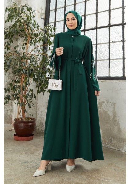 Liva Kolları Taşlı Abaya - Zümrüt