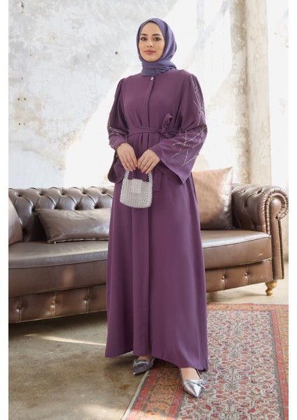 Kolları Taş Işlemeli Abaya - Leylak
