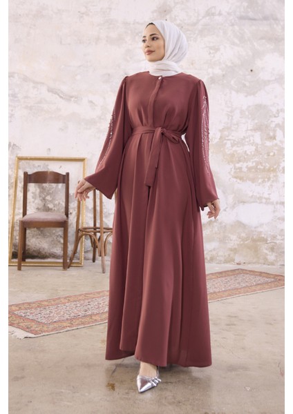 Rona Kolları Desenli Abaya - Gül Kurusu