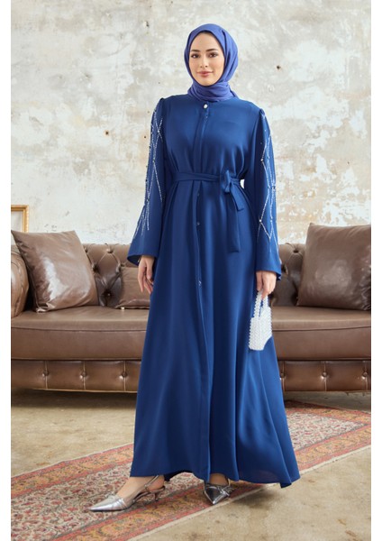 Kolları Taş Işlemeli Abaya - Indigo