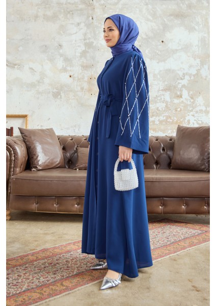 Kolları Taş Işlemeli Abaya - Indigo