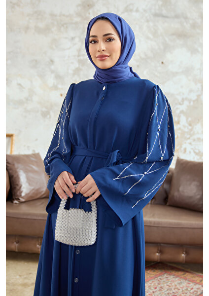 Kolları Taş Işlemeli Abaya - Indigo