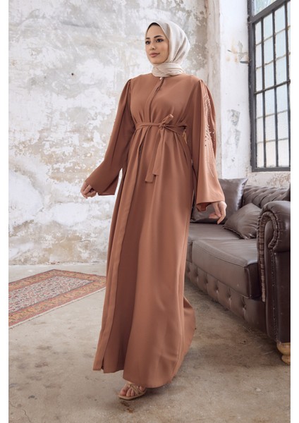 Rona Kolları Desenli Abaya - Camel