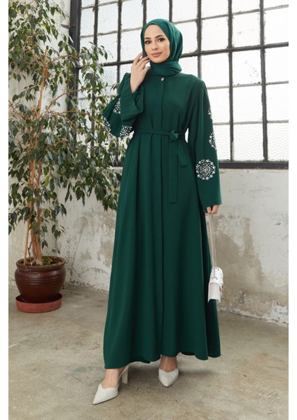 Liva Kolları Taşlı Abaya - Zümrüt